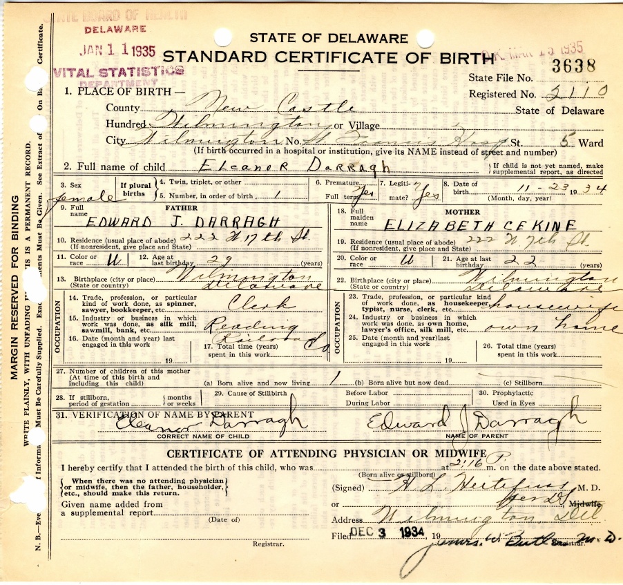 Orginal Eleanor Darragh Birth Cert.